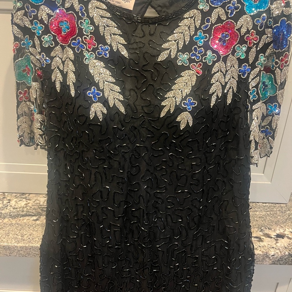 Laurence Kazar Black Dress with Multicolor Embroidery